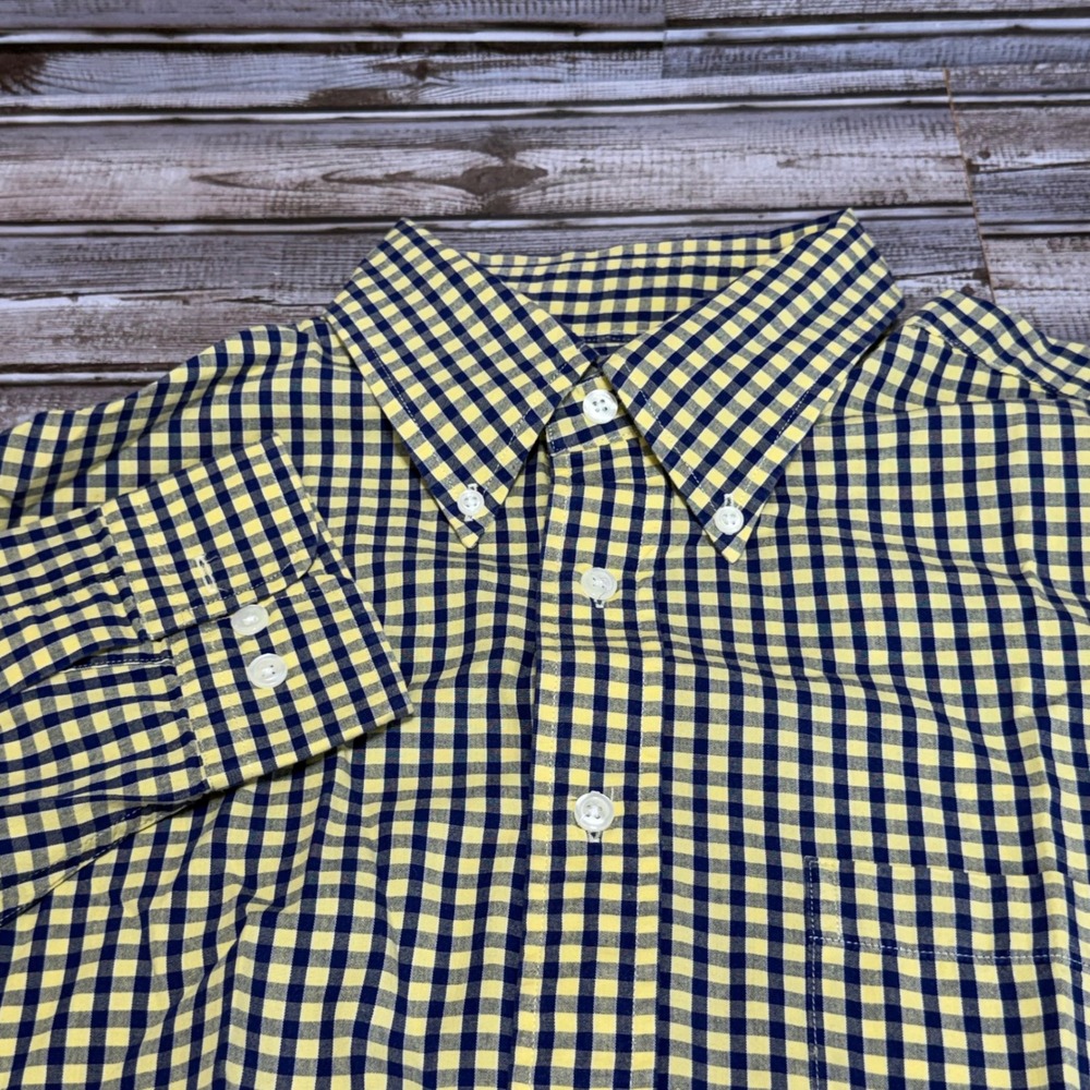 Brooks Brothers Button Down Shirt Mens Large Yellow Navy Gingham Plaid Cotton LS